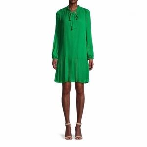 DKNY‎ Green Pleated Tie Neck Shift Dress Long Sleeve Mini Womens Size 4